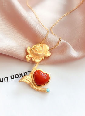 天然南红爱心玫瑰花吊坠S925纯银镶嵌宝石民族风锁骨链银饰女