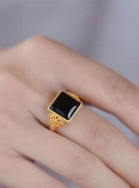 仿和田墨玉方戒指镀金色指环复古气质高雅时尚百搭开口可调节饰品