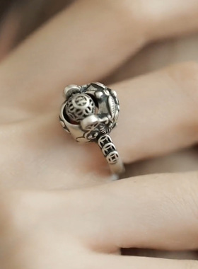 复古做旧貔貅铜钱戒指女款小众设计新中式国风开口可调节食指戒