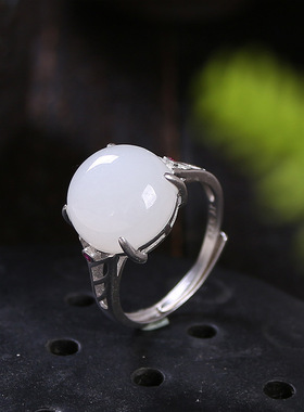 925银和田玉蛋面戒指白玉戒指女士通用指环旗袍汉服配饰品送礼