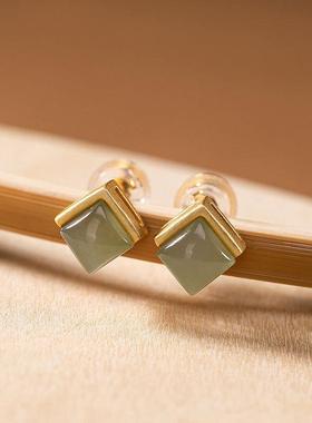 小巧精致方形耳钉女款镀金色耳环南红复古个性简约气质文艺耳饰