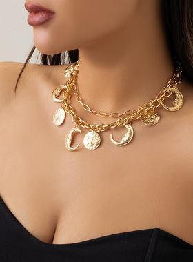 欧美热卖饰品 夸张几何甜酷风个性项饰 星月流苏人像吊坠金属项链