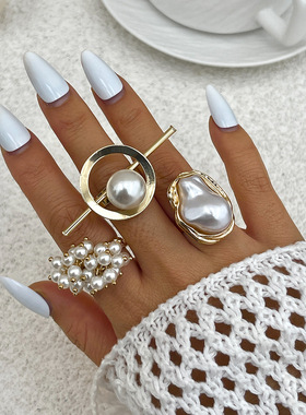 巴洛克异性珍珠合金套装戒指  欧美精品轻奢几何金属镂空手指环