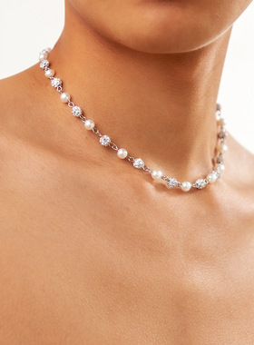 欧美热卖拼接珍珠项链男嘻哈个性高级感镶钻颈链简约时尚男士饰品