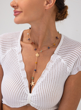 欧美热卖度假风海星贝壳Y形吊坠项链 个性不规则松石锁骨链项饰女