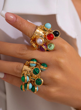 精美饰品包邮 复古宫廷镶嵌宝石戒指 小众孔雀石圆形合金开口指环