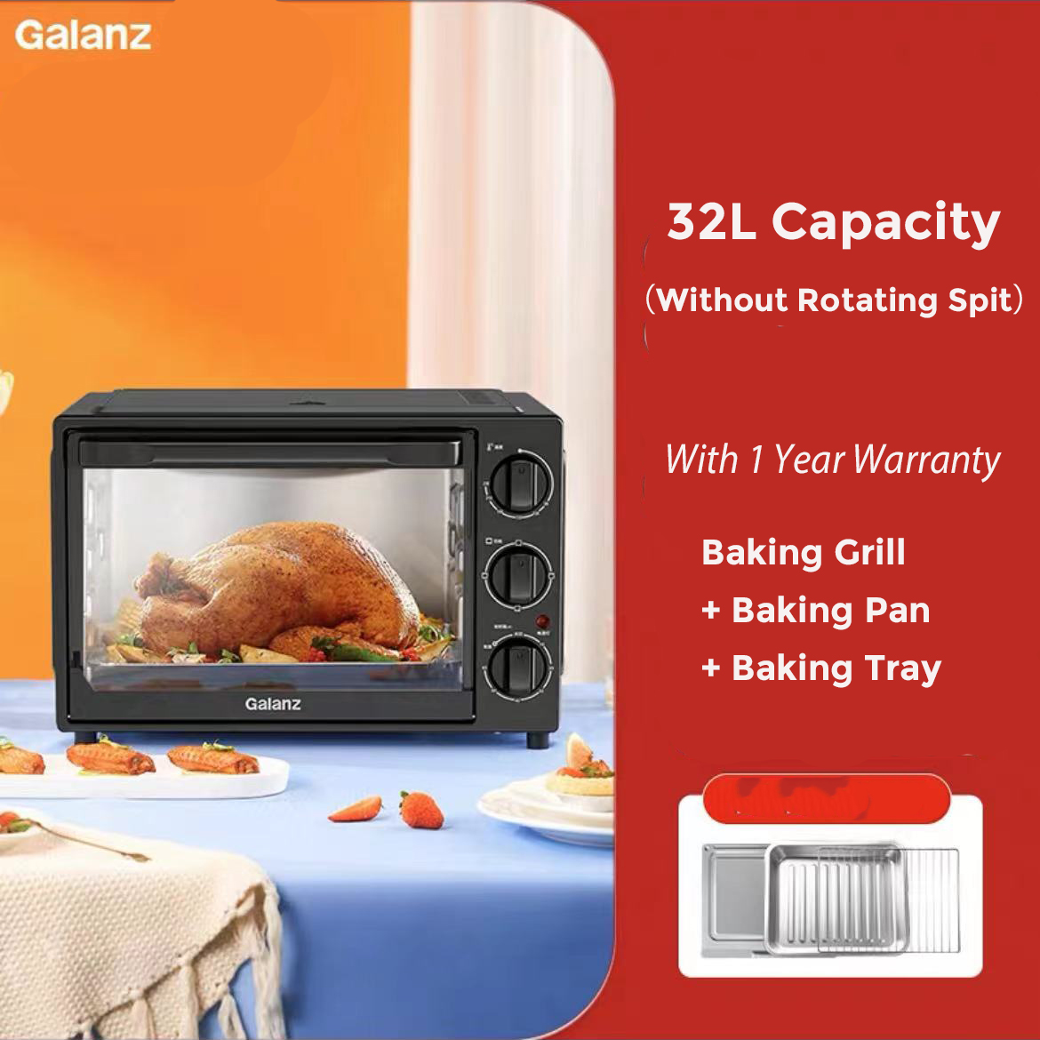 32L Electric Oven Black With Rotating Spit Multifunctional - 图1