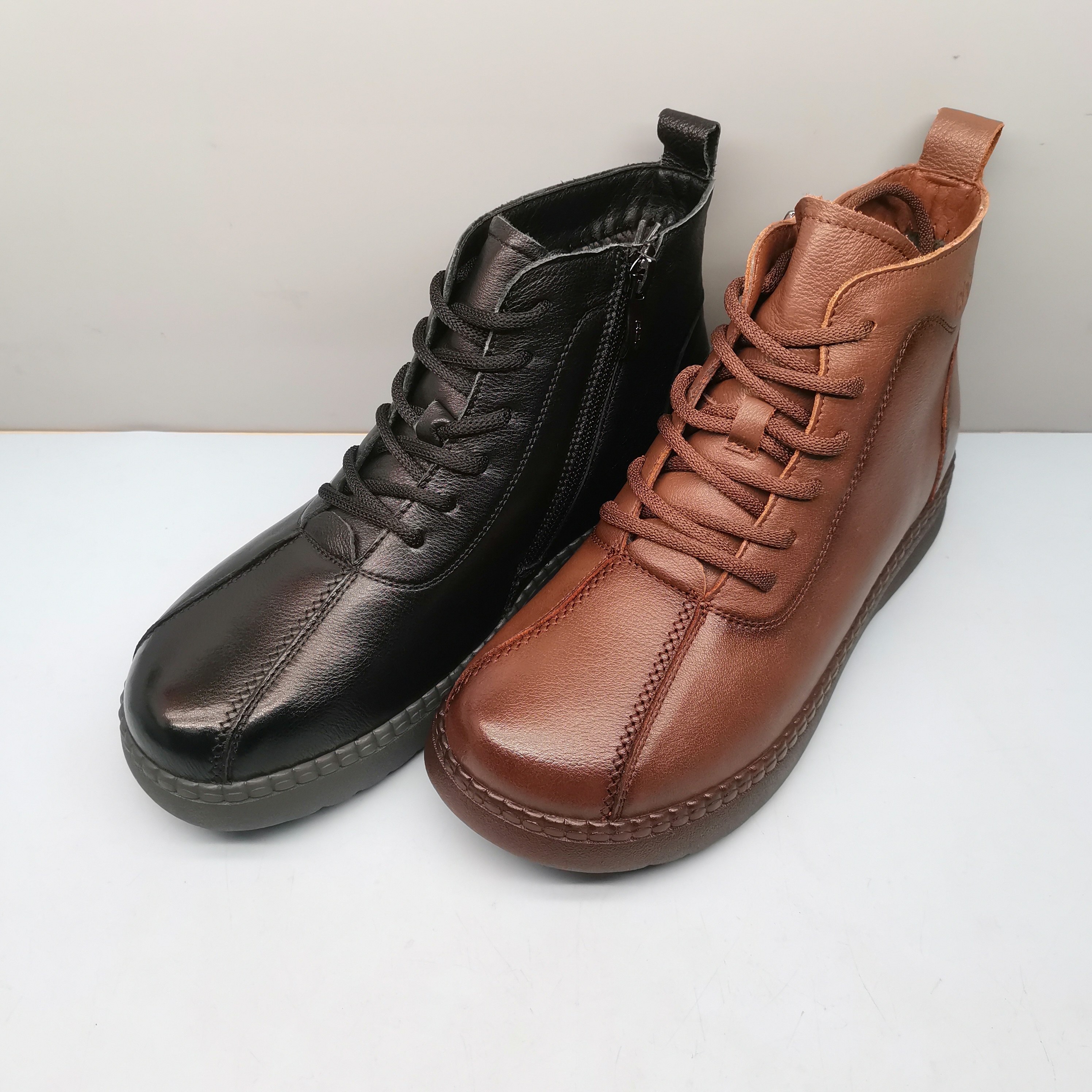 红蜻蜓短筒靴女秋冬款CD68976021C时尚休闲真皮妈妈鞋CD68976022C - 图0