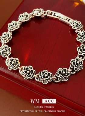 中古vintage黑色玫瑰卡扣手链复古时尚百搭手环设计感小众手饰女