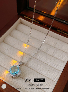 蓝色锆石玫瑰花朵吊坠项链轻奢宫廷风简约锁骨链感小众项饰女