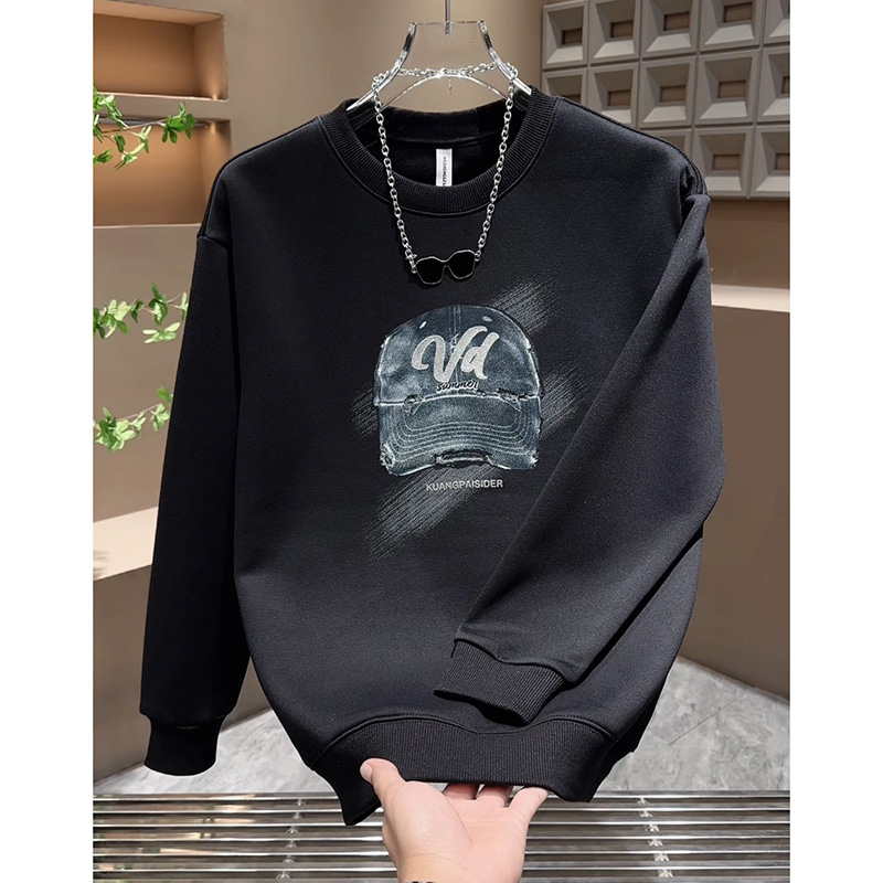 男士潮牌印花卫衣2025新款圆领休闲百搭上衣加绒保暖套头打底T恤 - 图0