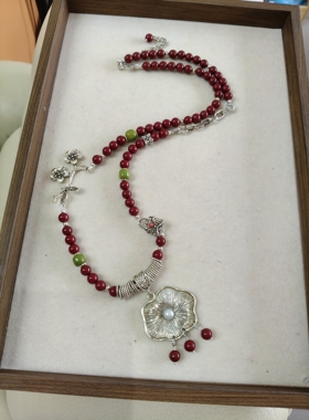 原创设计朱砂项链女小众设计高级毛衣链国潮中式复古