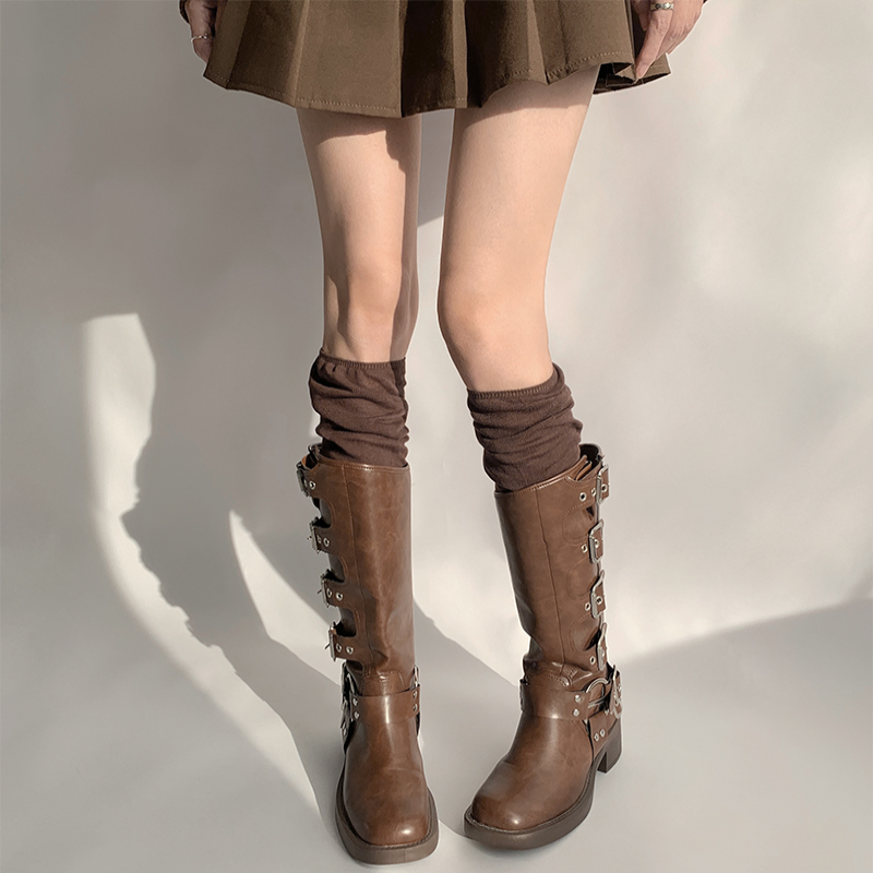 夜间教习室长筒袜女春秋款过膝拼接袜子咖色堆堆袜美拉德jk小腿袜 - 图2