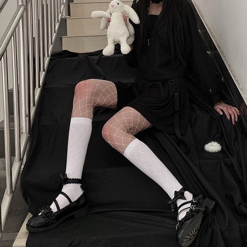 夜间教习室渔网袜白色jk丝袜女春款薄款黑色ins黑丝大网格袜子 - 图2