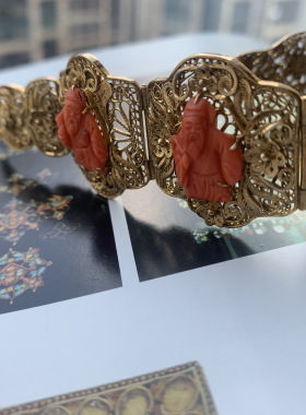 创汇时期银镀金海鲜花丝手镯少见大块海鲜雕刻长17cm宽3cm重27克