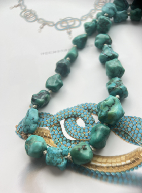 古董珠宝创汇时期老矿绿松石随形珠项链纹理自然，长度50cm重43克