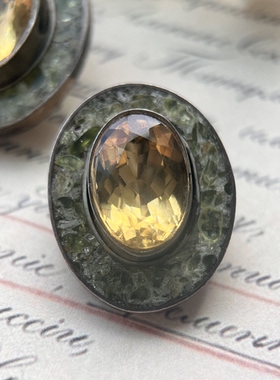 古董925银镶黄水晶橄榄石耳夹签名款可收藏，尺寸2.5*2.1cm重15.5