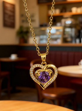钛钢微镶紫色海洋之心水晶爱心项链 金色双心镶嵌紫钻心形锁骨链
