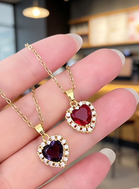 钛钢项链小众轻奢微镶锆石紫色爱心锁链优雅气质满锆桃心心形项饰