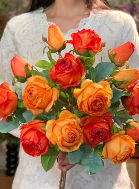田园玫瑰花仿真花花束束橙红色家居装饰插花摆件假花气质花艺装饰