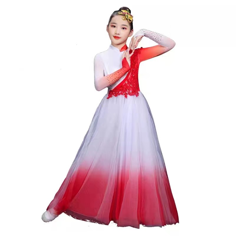 新款儿童灯火里的中国舞蹈演出服盛开万疆现代开场舞大摆裙纱裙女
