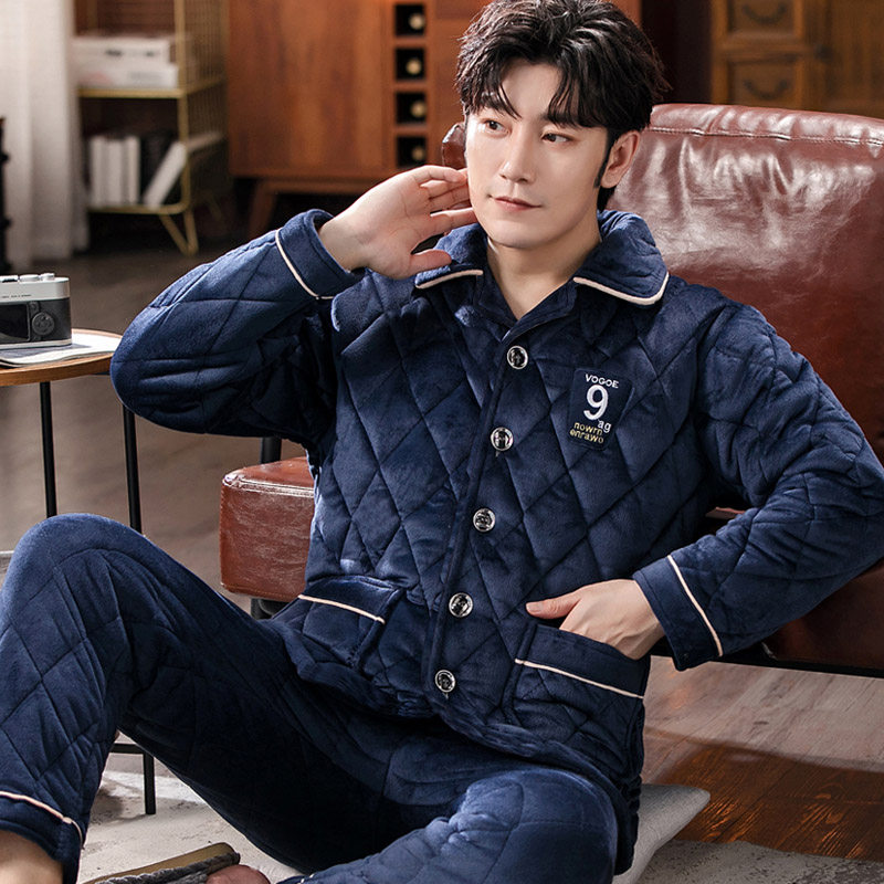 男士冬季珊瑚绒加绒三层夹棉睡衣 淘之约睡衣/家居服套装