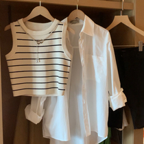 Striped Small Vest Harness Girl Spring Autumn Inner Hitch Undershirt Woman Summer 100 Hitch Back Short Knit Short Sleeve T Shirt