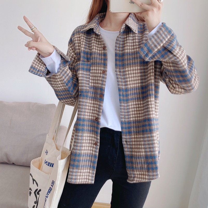 磨毛格子2020秋冬毛呢外套外穿衬衫 韩简娜衬衫