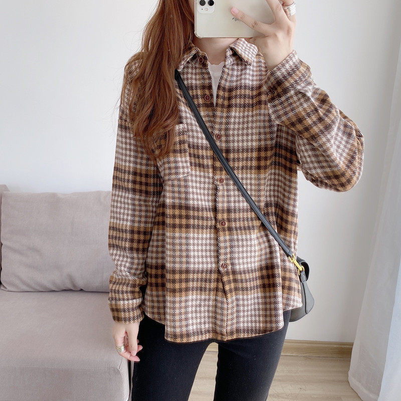 磨毛格子2020秋冬毛呢外套外穿衬衫 韩简娜衬衫