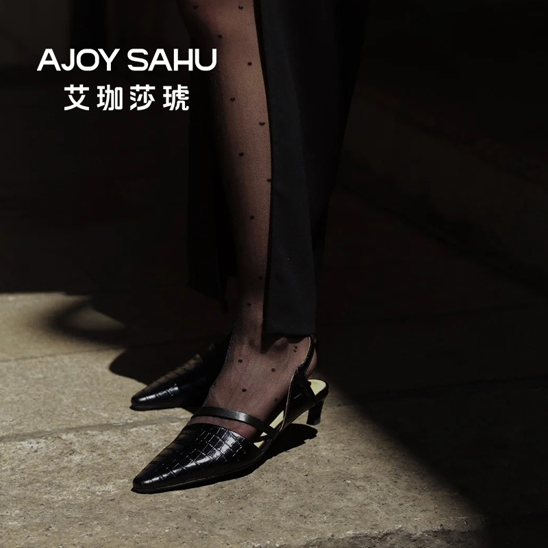 AJOY SAHU/艾珈莎琥女鞋时尚小跟猫跟鞋新款气质后空女凉鞋单鞋女-图3