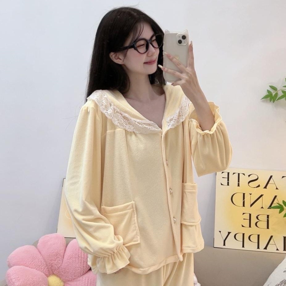 2025新款睡衣女秋冬娃娃领海岛绒女士睡衣套装简约款双面绒家居服 - 图2