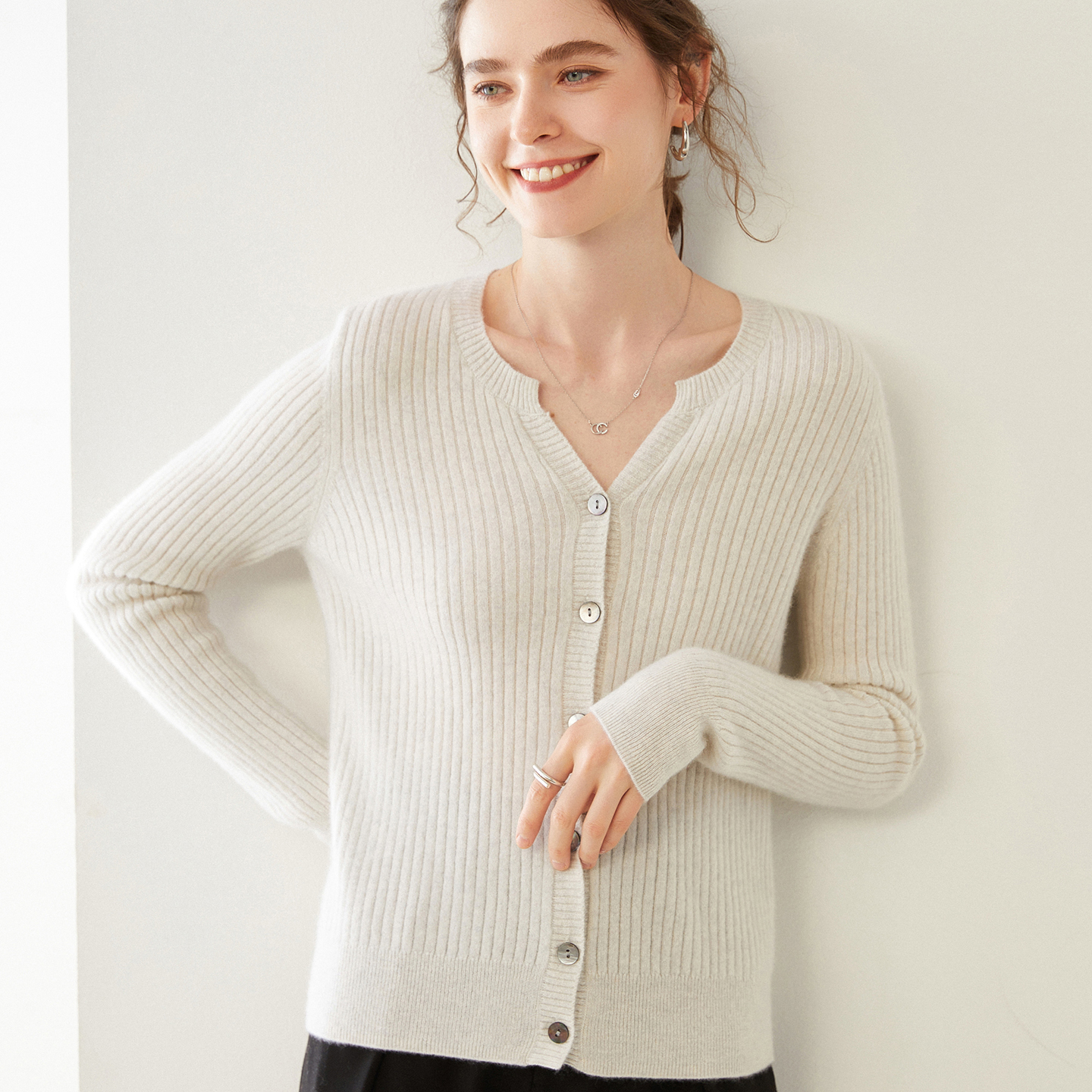 100%纯山羊绒衫女V领开衫外套宽松显瘦针织衫毛衣外搭上衣秋冬 - 图0