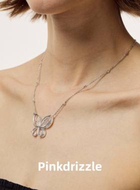 Pinkdrizzle 铜合金合成锆石项链琉光蝶舞双层灵动小众蝴蝶项链
