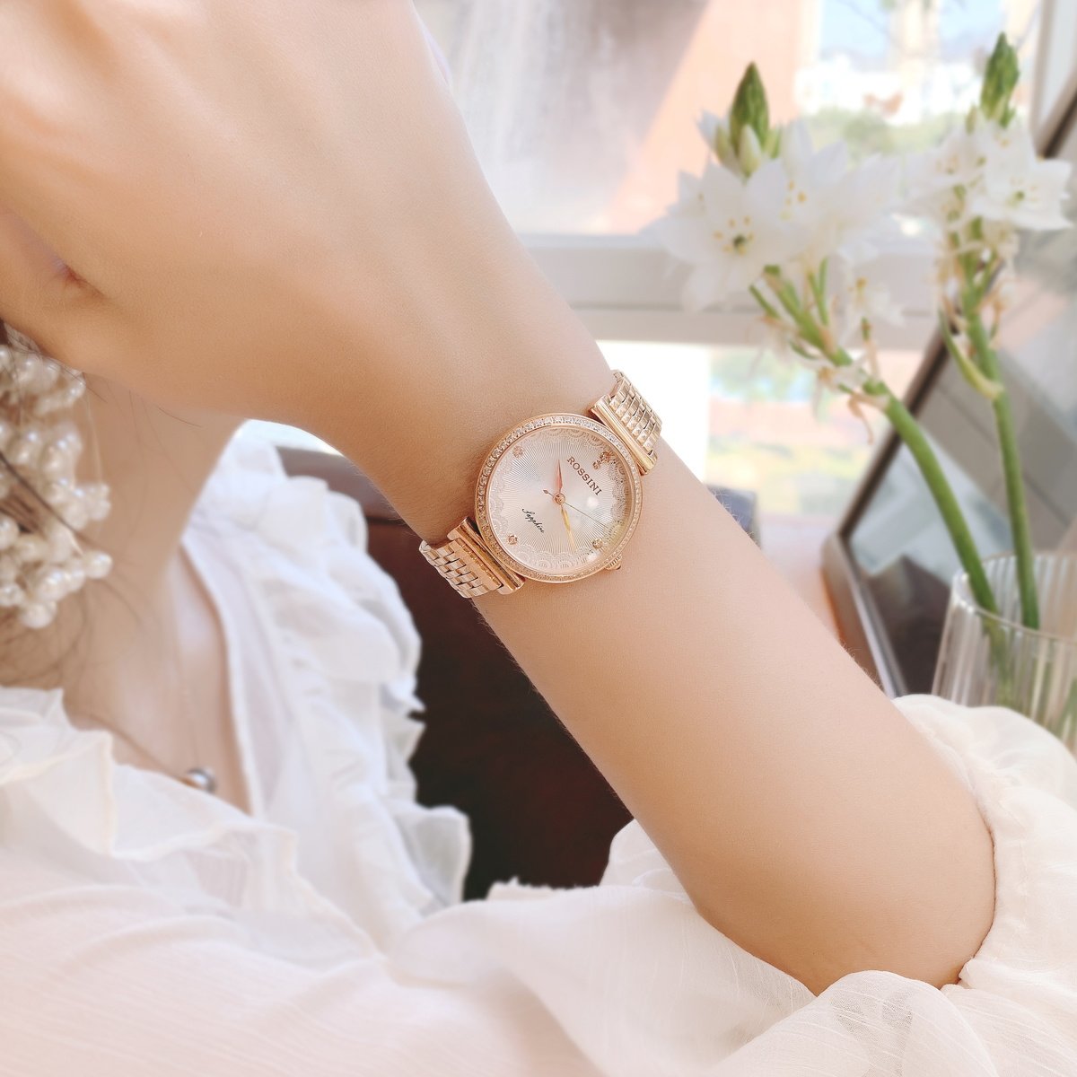 罗西尼手表女玫瑰金时尚潮流镶钻女士手表腕表情人节送女友518856