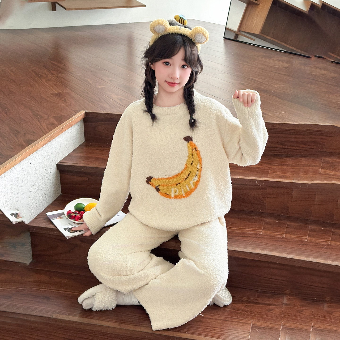 儿童睡衣冬季2025新款女童半边绒家居服青少年加厚珊瑚法兰绒套装 - 图0