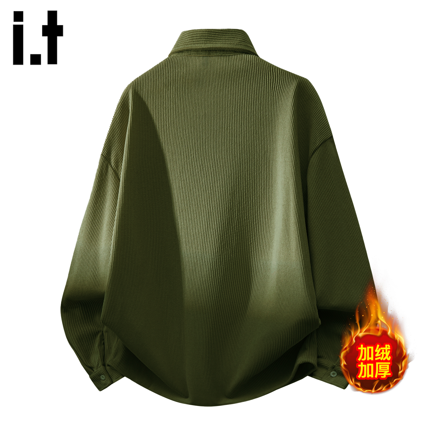 it :5cm/FIVECM军绿翻领长袖加绒衬衫男士秋冬季宽松加厚衬衣外套 - 图1