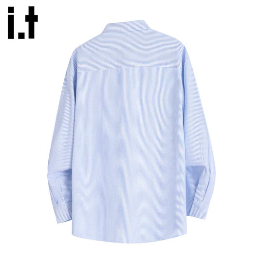 it :5cm/FIVECM蓝白条纹翻领单排扣长袖衬衫男士2025春秋宽松上衣