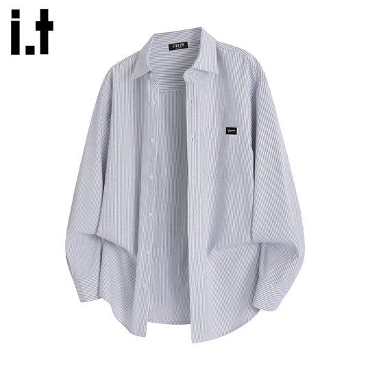 it :5cm/FIVECM蓝白条纹翻领单排扣长袖衬衫男士2025春秋宽松上衣