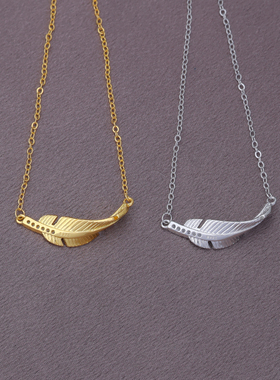 s925纯银镶钻羽毛树叶项链锁骨链