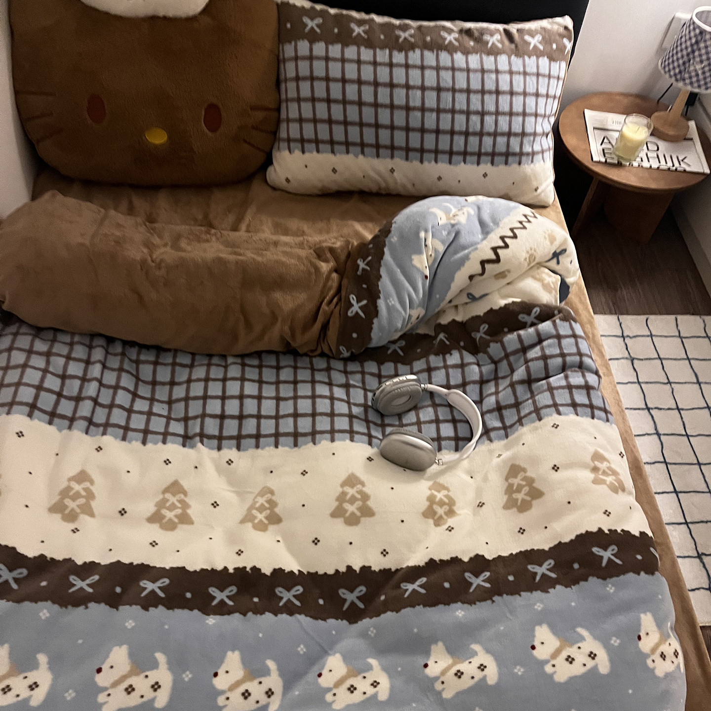 晚安猫费尔岛修狗四件套咖色美拉德风牛奶绒床单被套宿舍三件套