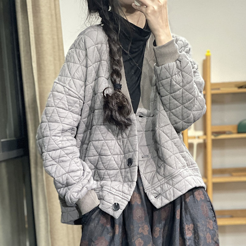 古与色冬季文艺复古菱形格宽松大码棉衣加厚夹棉卫衣开衫短外套女 - 图1