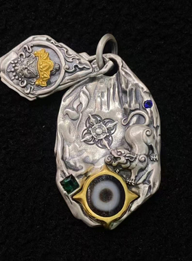 银辰缘 S925纯银黄财神吊坠藏式民族风精工镶嵌天珠吐宝鼠挂坠