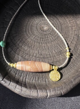 【藏玺·物与悟/缘】精品天然缠丝玛瑙带眼咖色做旧天珠锁骨项链