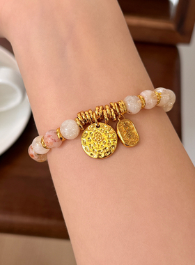 新品88折】复古时尚锤纹天然石手链女古法小众高级感招财转运手串