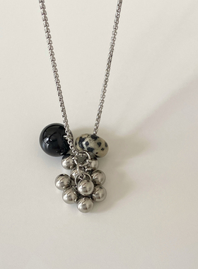 大米饰品】天然石葡萄串黑玛瑙圆球项链高级感百搭ins风毛衣长链