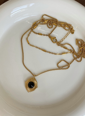 大米饰品】黑玛瑙双层叠戴钛钢不掉色项链小众夏季锁骨链甜酷颈链