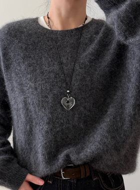 大米饰品】透明爱心吊坠项链女黑色皮绳简约气质温柔慵懒风毛衣链
