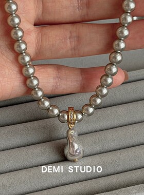 大米饰品】轻奢灰绿色珍珠项链女小众水滴吊坠秋冬毛衣链百搭气质