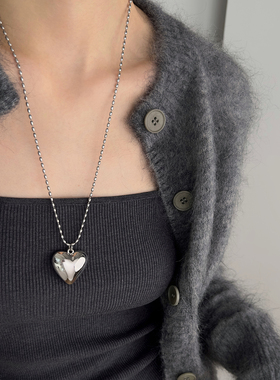 大米饰品】银色爱心吊坠项链长款毛衣链韩国ins风高级感叠戴配饰
