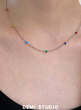 新品88折】洗澡不掉色彩虹豆豆珐琅项链简约时髦锁骨颈链蛇骨链女